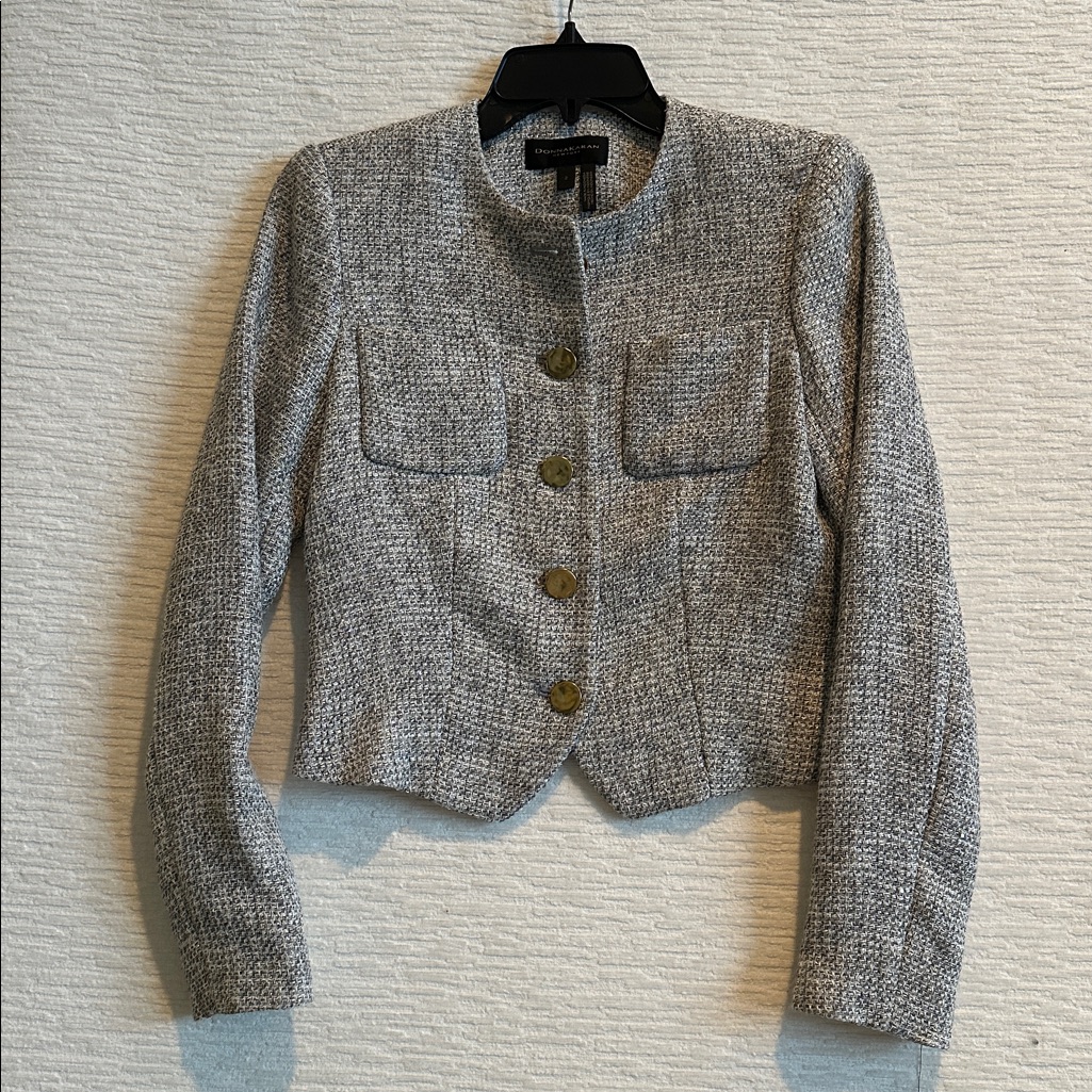 Donna Karan Gray Textured Blazer Gold Buttons And Threads Nwt